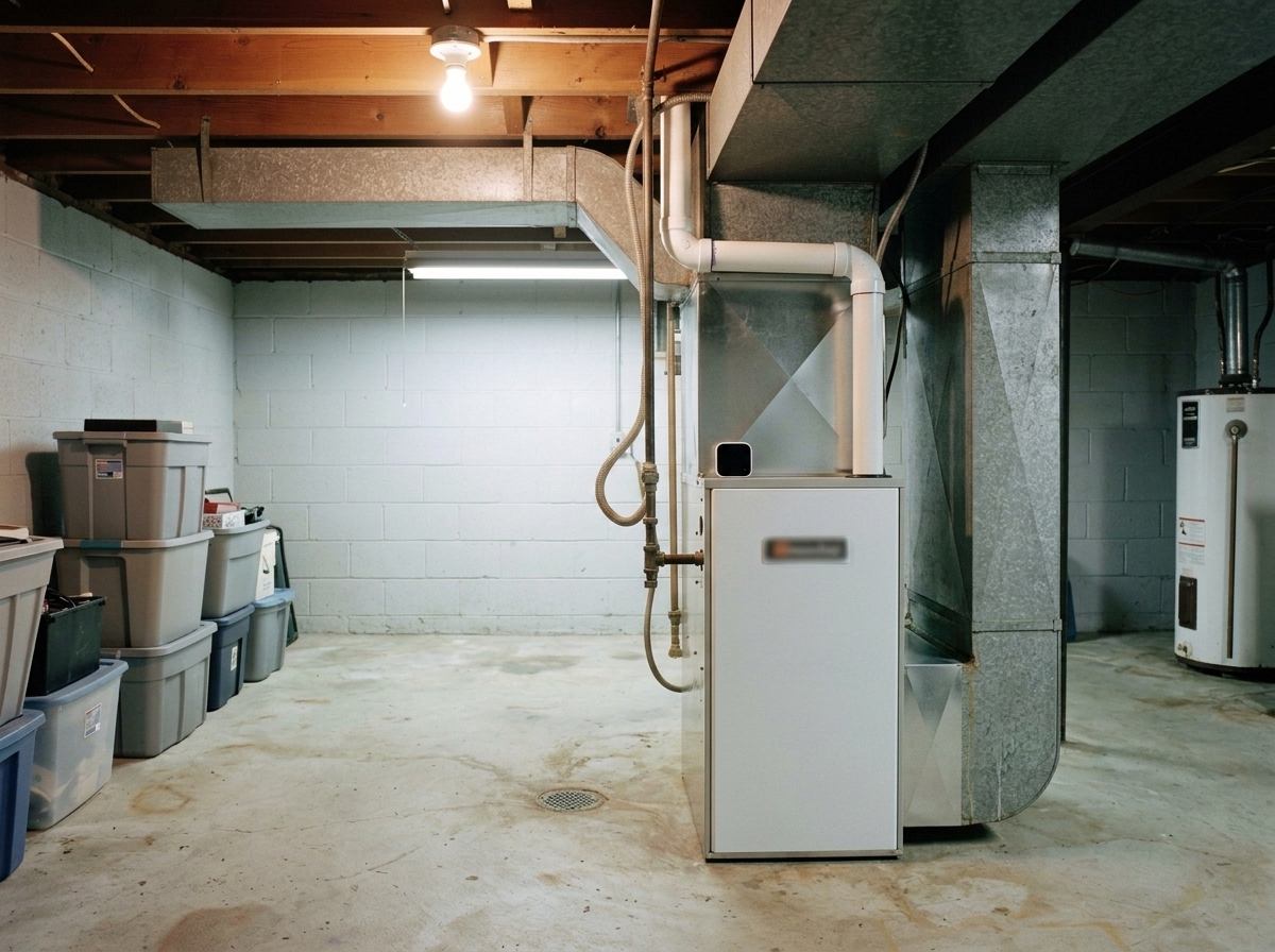 Tinley Park basement after a furnace swap, a new high-efficiency furnace in the same corner, the same cinder block wall and storage bins still visible.