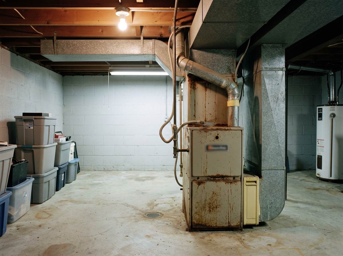 Tinley Park basement before a furnace swap, an aging rusted gas furnace in the corner, storage bins stacked against the cinder block wall.