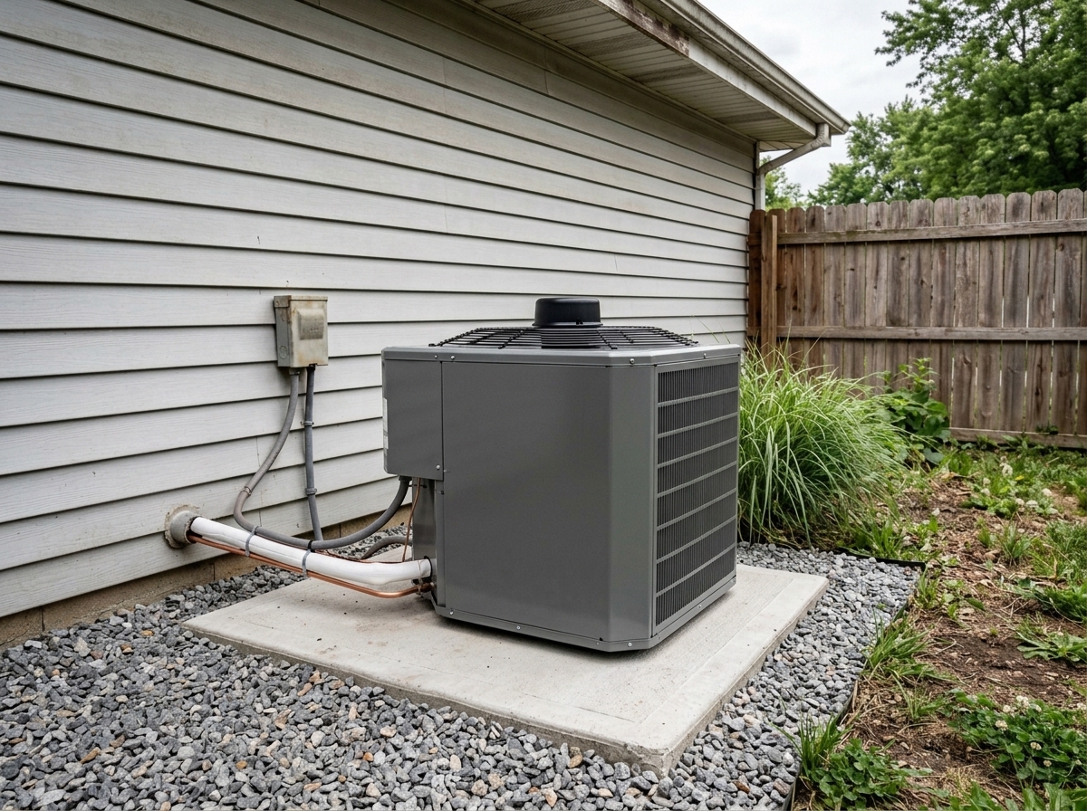 Orland Park side-of-house condenser after replacement, a new graphite-gray condenser on a clean gravel pad, the same vinyl siding behind it.