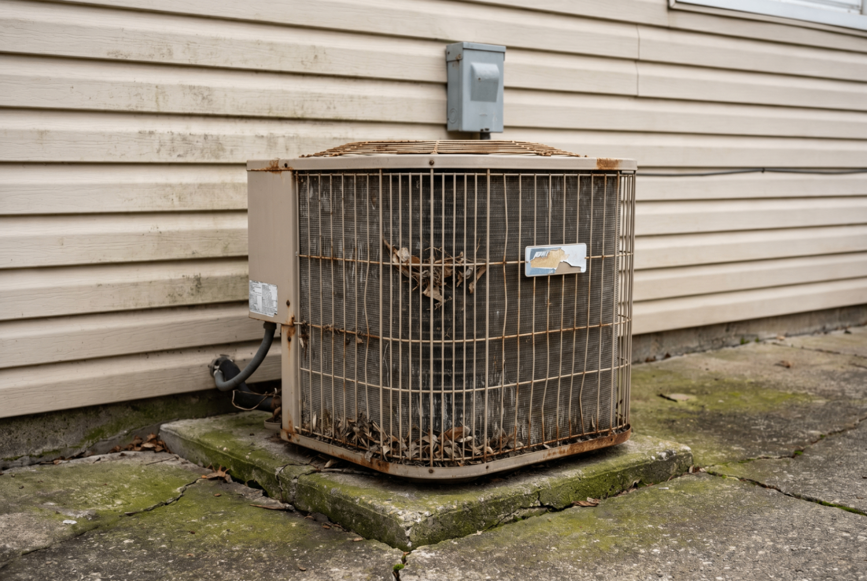 Orland Park side-of-house condenser before replacement, a weathered AC condenser unit on a cracked pad, aged vinyl siding behind it.