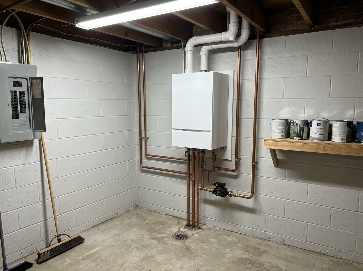 Mokena basement after a boiler swap, a modern wall-mounted combi boiler in the same corner, clean copper supply lines.