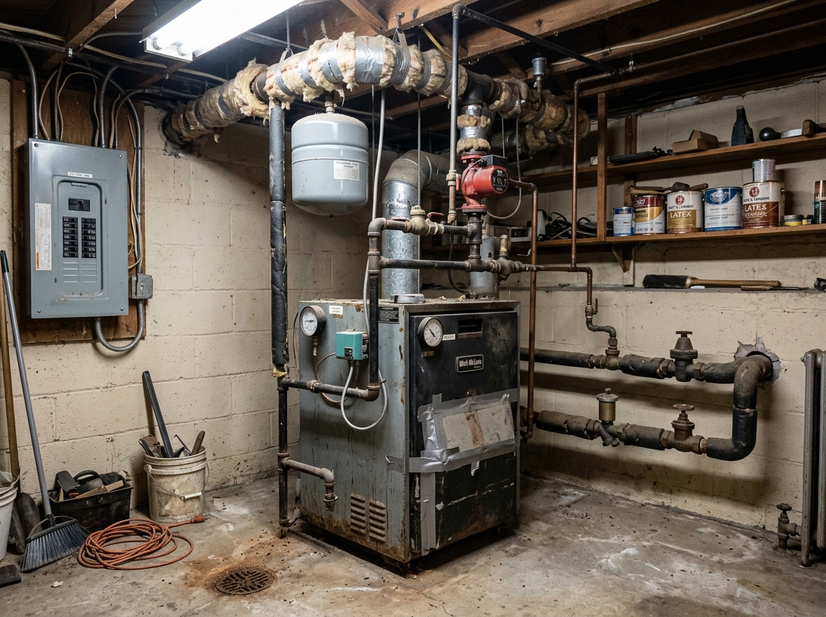 Mokena basement before a boiler swap, an old cast-iron boiler with a circulator pump, soot-stained piping overhead.