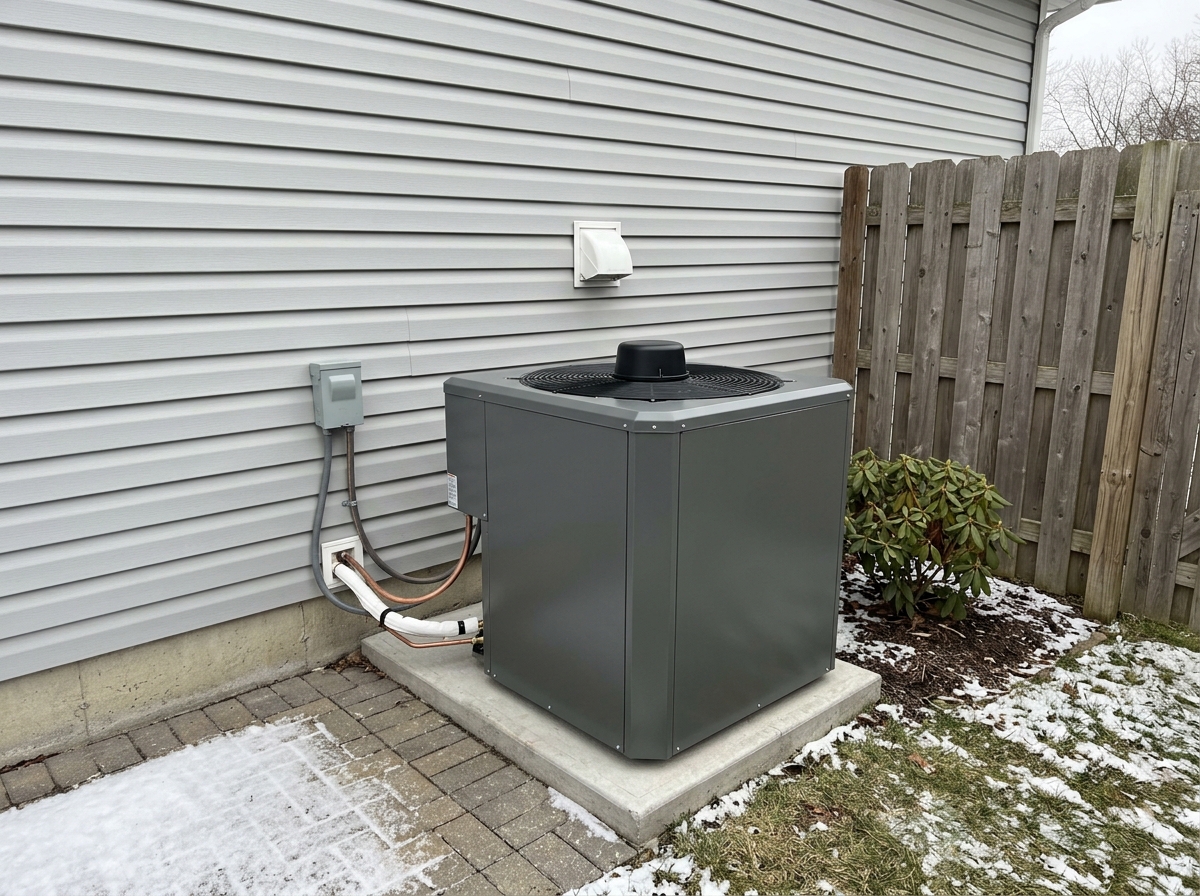 Frankfort side yard after a heat pump install, a new cold-climate heat pump on the same concrete pad, the same service disconnect above.