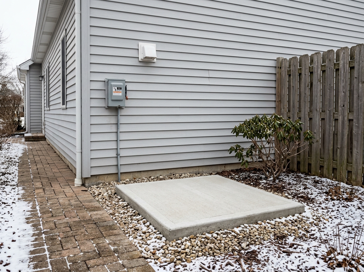 Frankfort side yard before a heat pump install, an empty concrete pad with a dusting of snow, a service disconnect on the wall above.