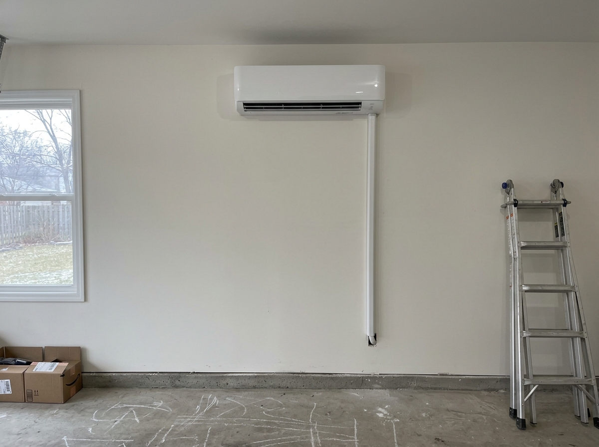 Homer Glen garage conversion after a mini-split install, a white wall-mounted head on the same wall, neat line-set cover running down to the floor.
