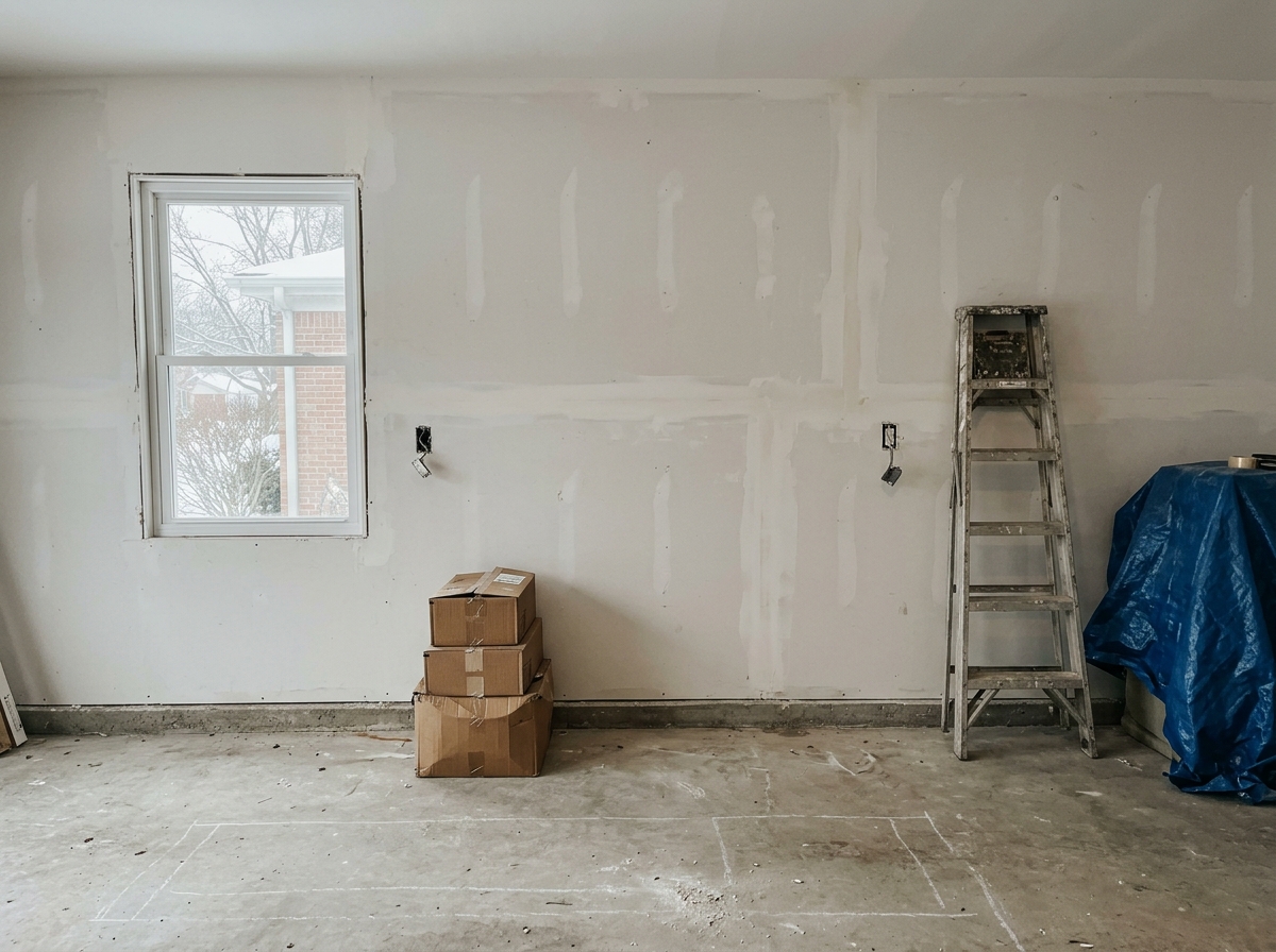 Homer Glen garage conversion before a mini-split install, a bare drywalled wall, a single outlet near the baseboard.