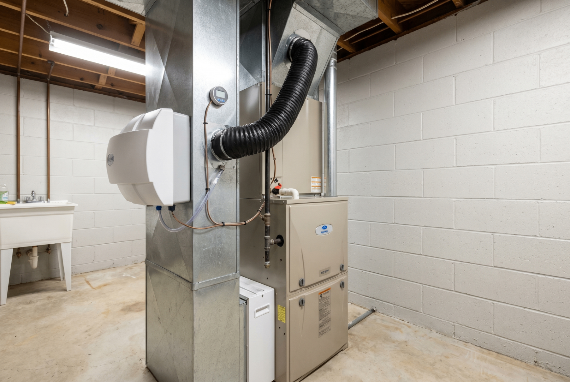 New Lenox basement after a whole-house humidifier install, the same furnace with a new bypass humidifier mounted to the return trunk and a humidistat nearby.