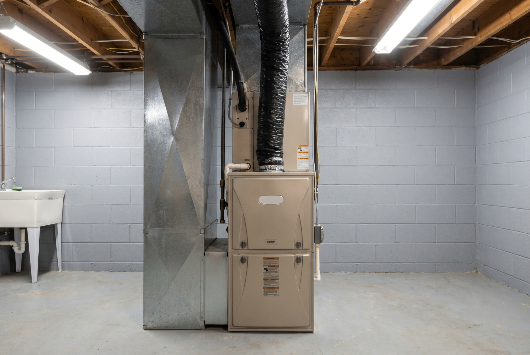 New Lenox basement before a whole-house humidifier install, a well-maintained gas furnace with a bare return trunk, no accessories installed.