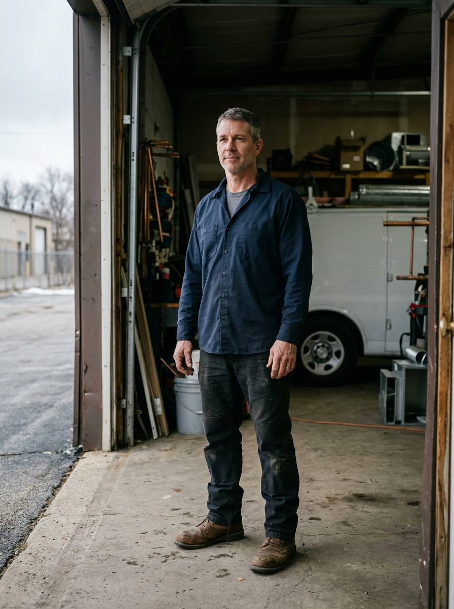 Mark Sullivan, owner of Shift Heating and Cooling, standing in the open bay door of the shop in a plain navy work shirt, a white service van behind him.